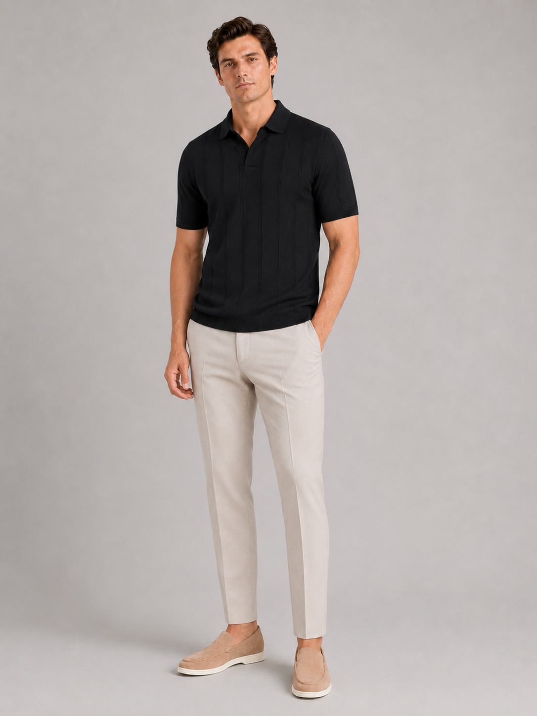 Black slim fit knit polo shirt for men lightweight summer top for vacation and everyday wear