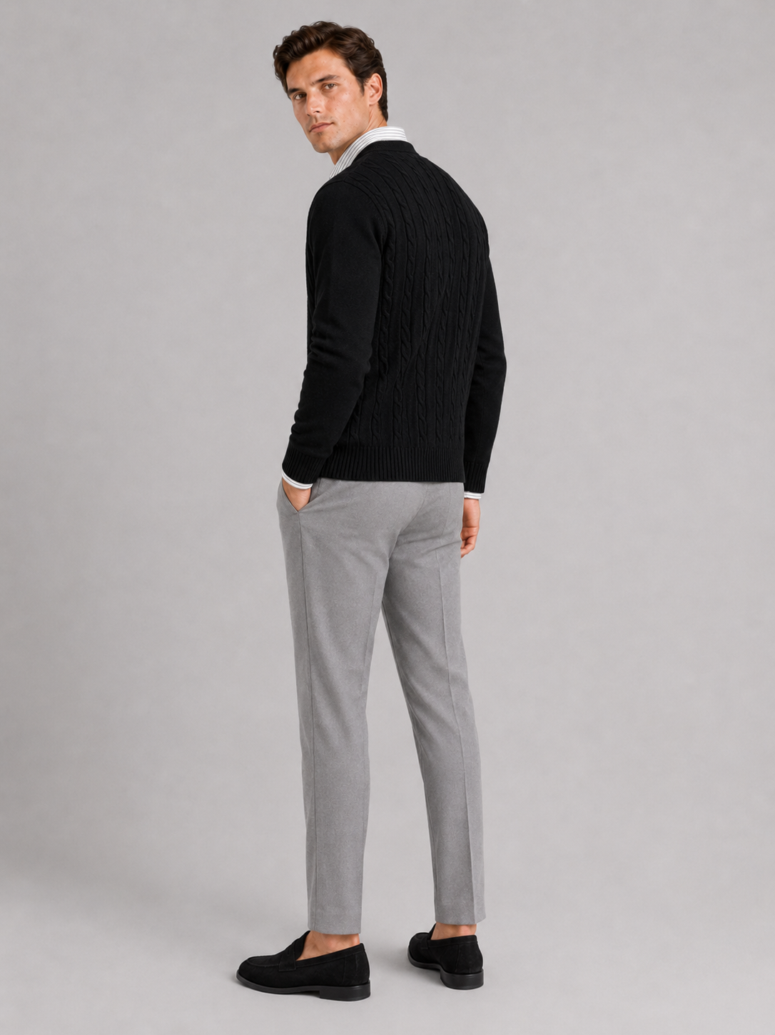 Men’s black cable knit cardigan comfortable long sleeve sweater for modern everyday outfits