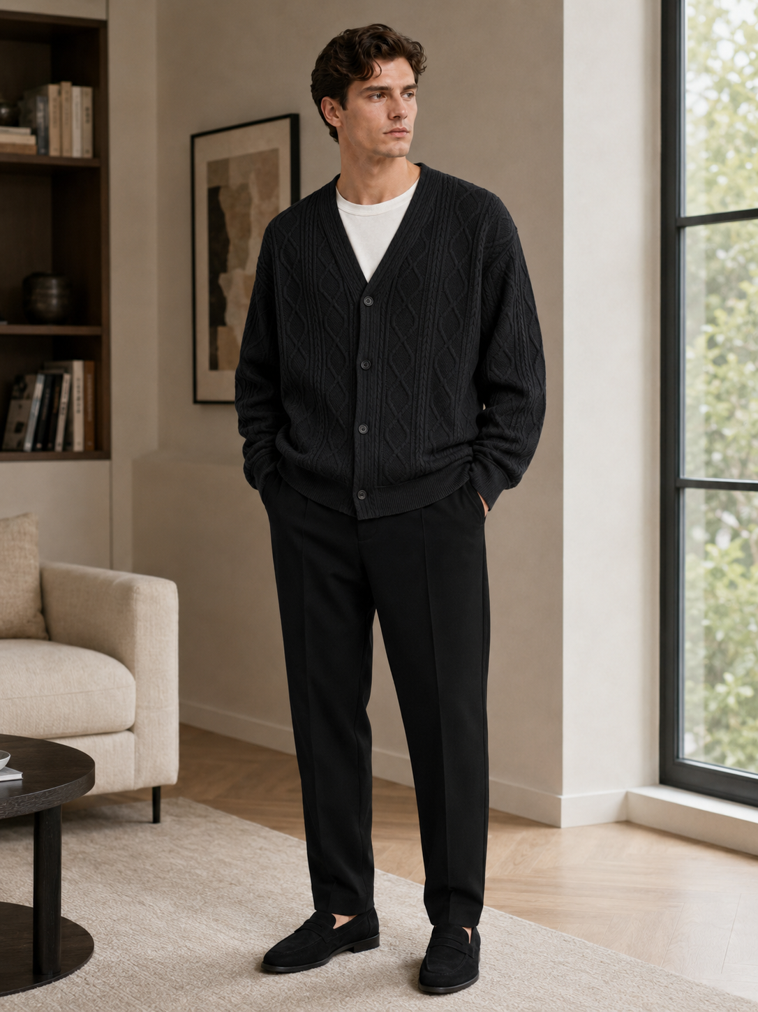Man wearing a black diamond cable knit cardigan sweater in a modern casual fall winter outfit for everyday wear