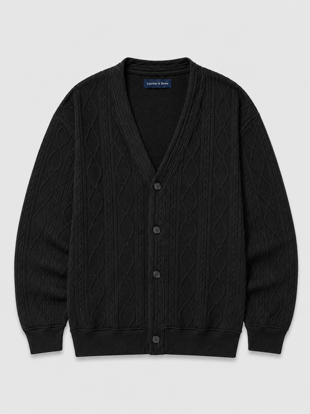 Black men’s cable knit cardigan sweater with a V-neck, diamond pattern, and oversized silhouette displayed on a plain background