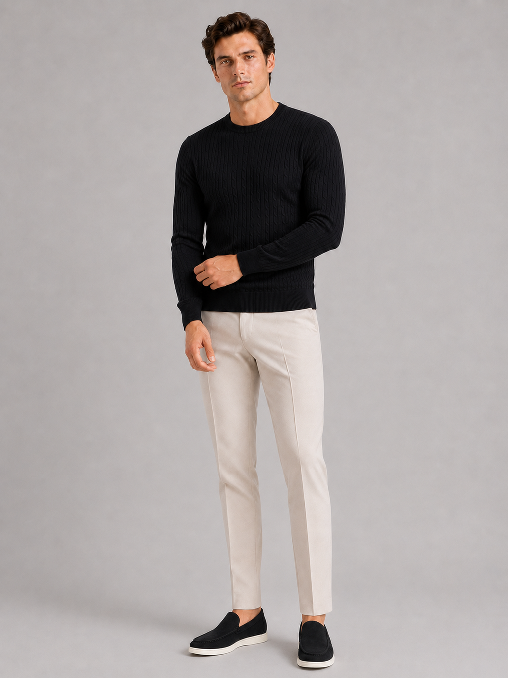 Black crew neck cable knit sweater for men lightweight pullover for everyday spring wear