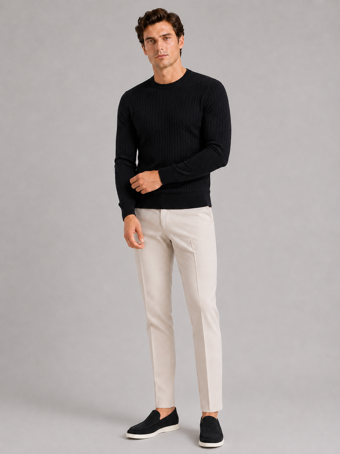 Black crew neck cable knit sweater for men lightweight pullover for everyday spring wear