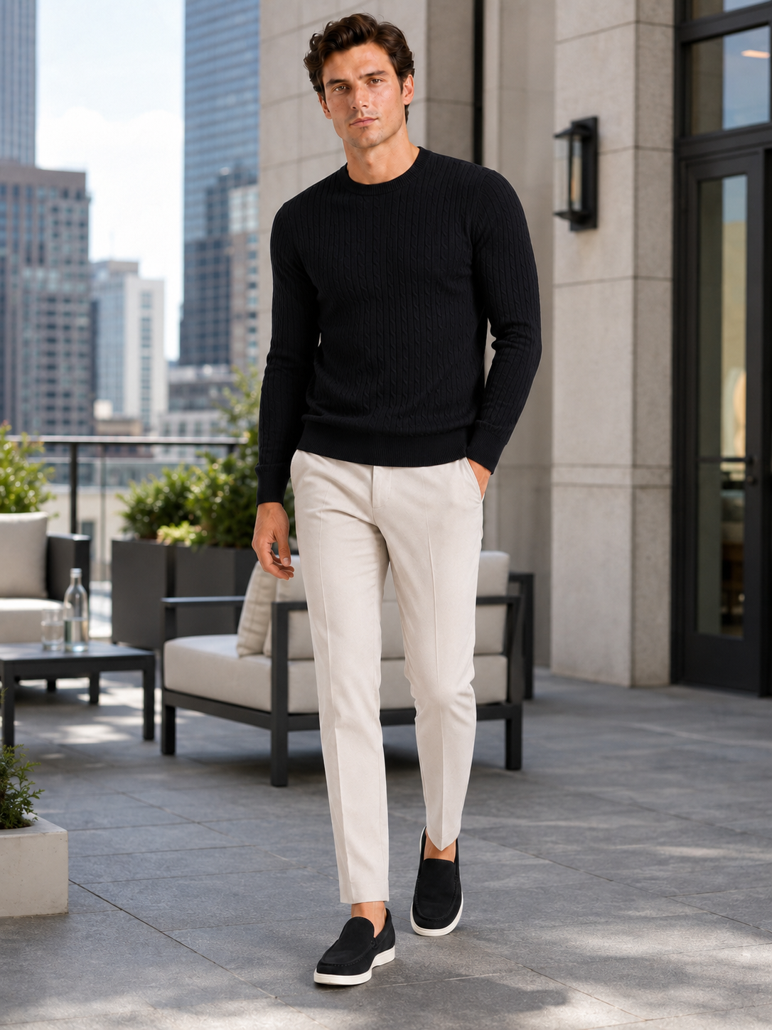 Man styling black cable knit crew neck sweater in a modern spring lifestyle outfit