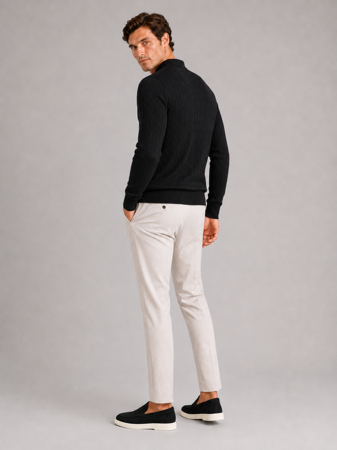 Men’s black cable knit polo sweater comfortable top for modern business casual outfits