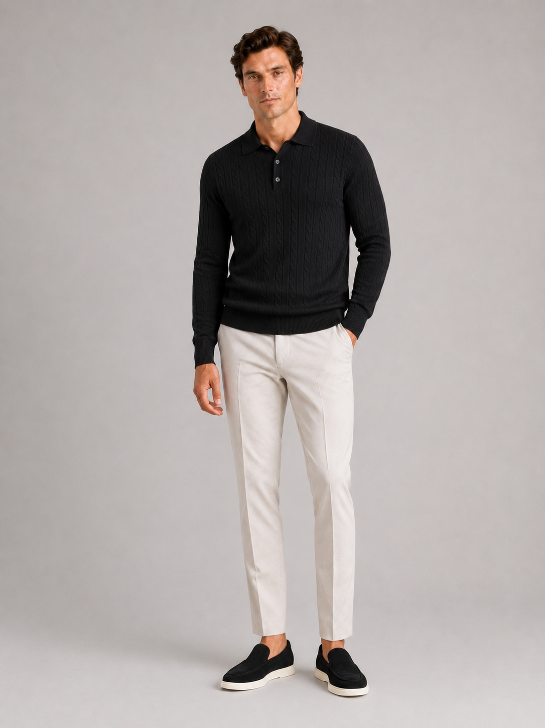 Black long sleeve cable knit polo for men warm winter layer for everyday wear