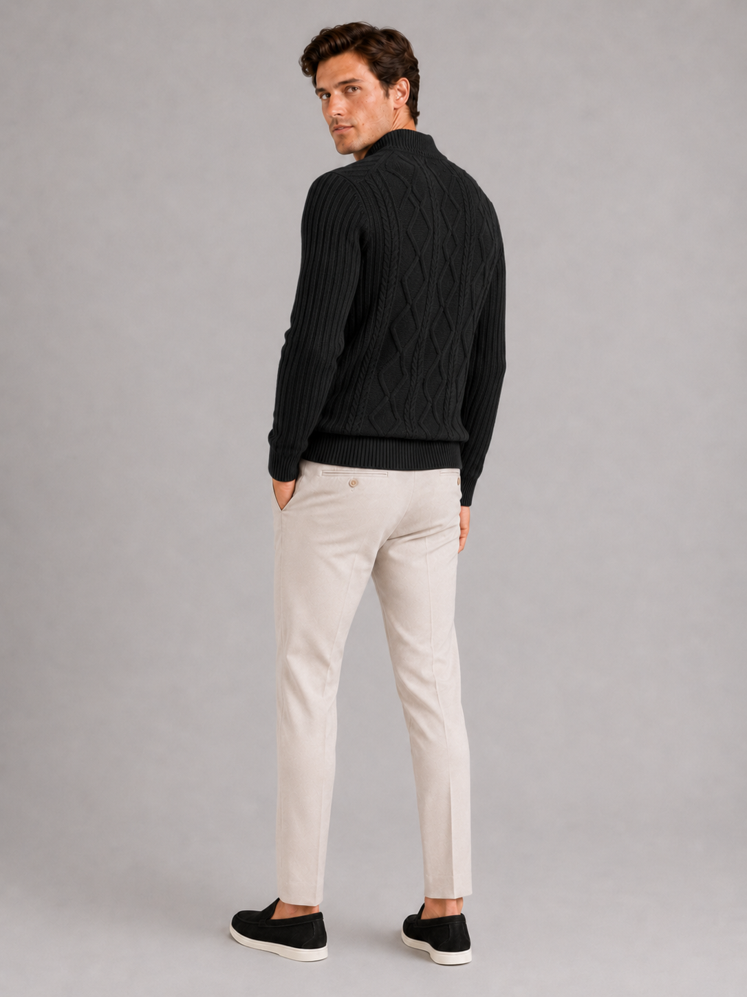 Men’s black jacquard knit pullover warm textured sweater for everyday fall winter outfits