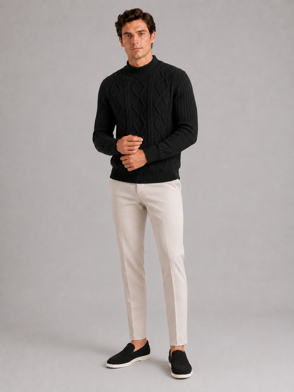 Black cable knit mock neck sweater for men warm pullover for business casual winter wear