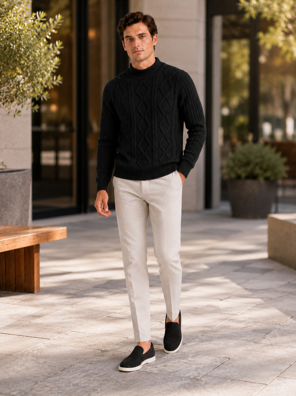 Man styling black cable knit mock neck sweater in a modern fall winter lifestyle outfit