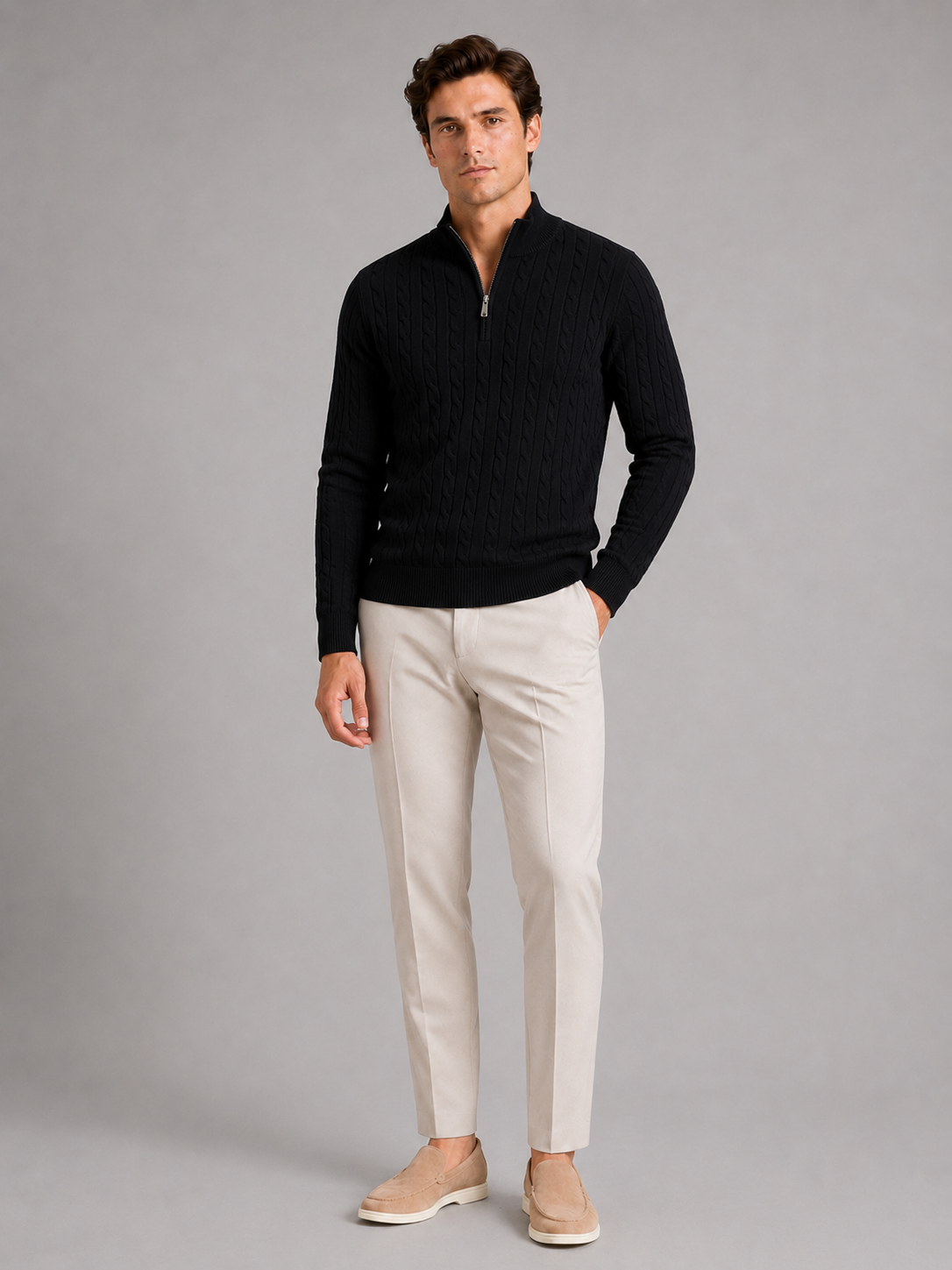 Black quarter zip cable knit sweater for men warm pullover for casual winter wear