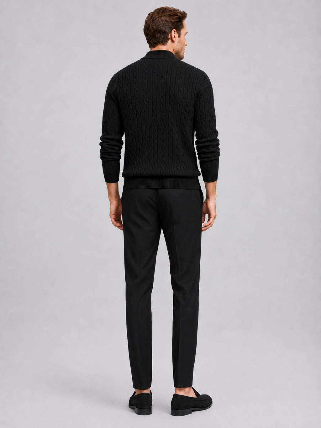 Men’s black mock neck knit sweater comfortable cold weather layer for business casual outfits