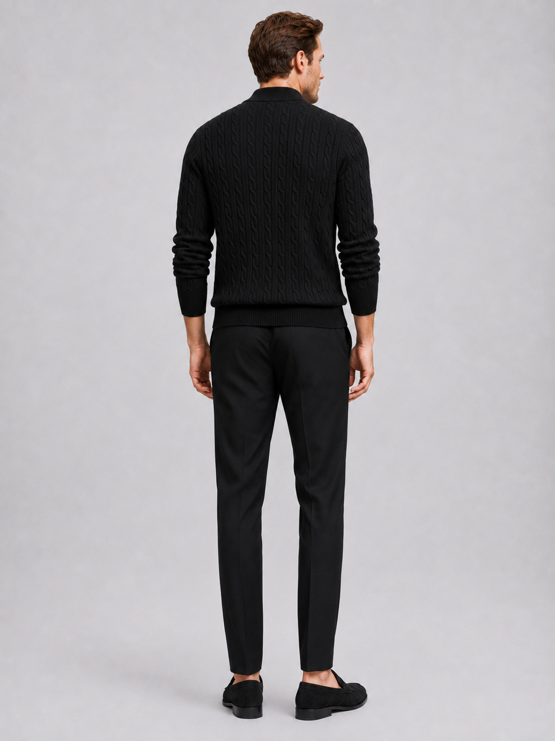 Men’s black mock neck knit sweater comfortable cold weather layer for business casual outfits