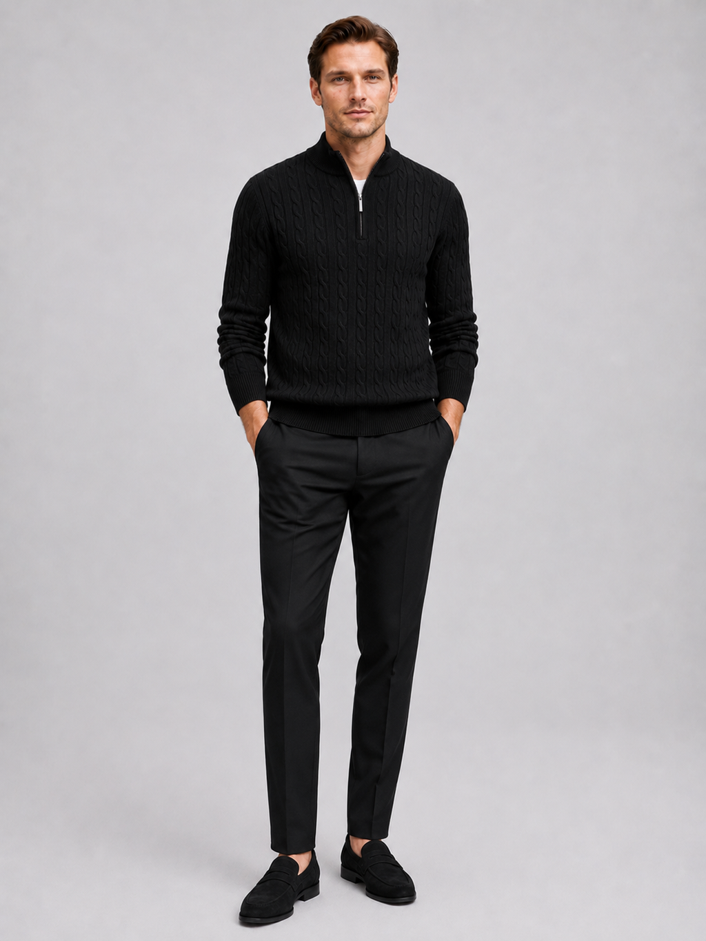 Black quarter zip cable knit sweater for men thick warm pullover for everyday winter wear