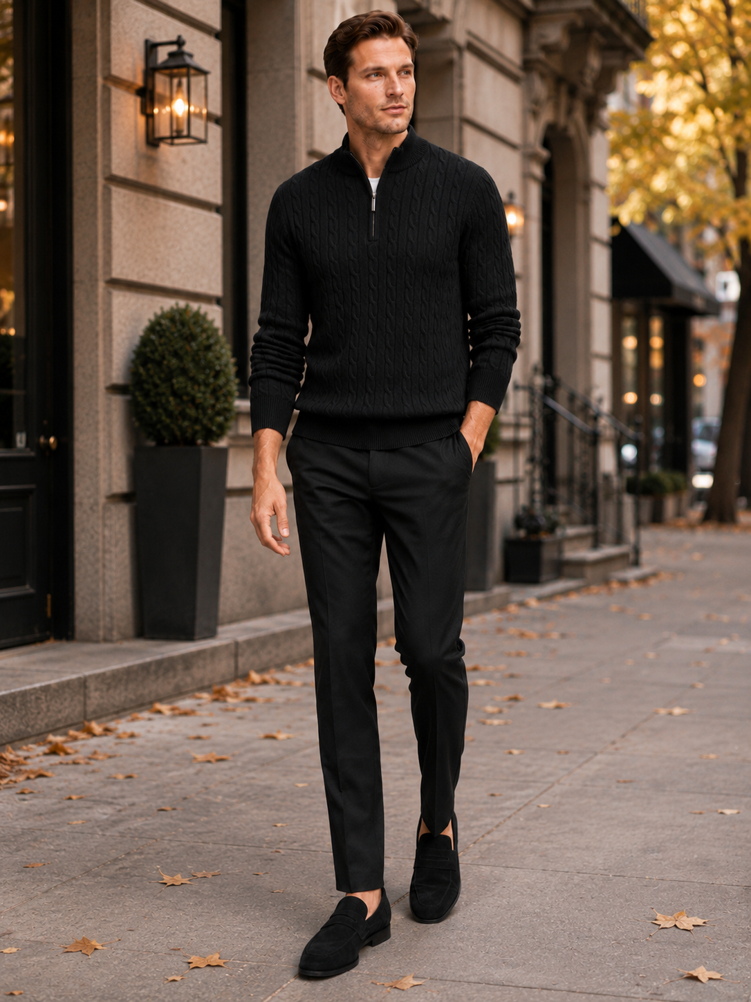 Man styling black cable knit quarter zip sweater in a modern fall winter everyday outfit