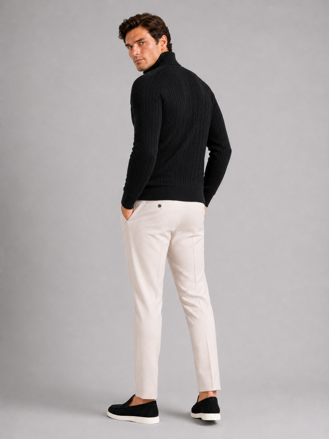 Men’s black heavyweight knit turtleneck warm sweater for modern cold weather outfits