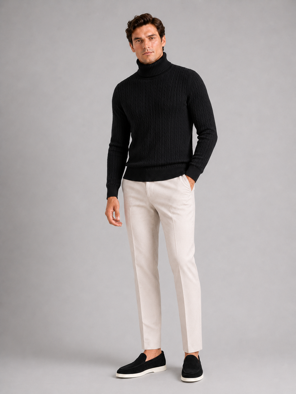 Black cable knit turtleneck sweater for men slim fit heavyweight pullover for winter wear