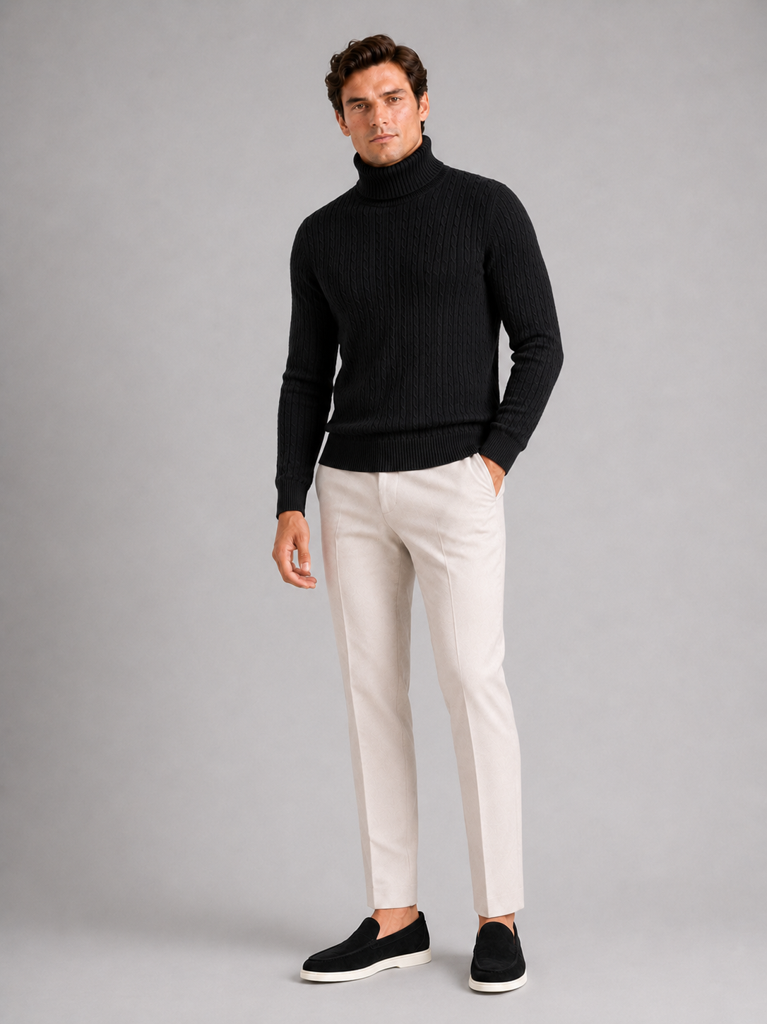 Black cable knit turtleneck sweater for men slim fit heavyweight pullover for winter wear