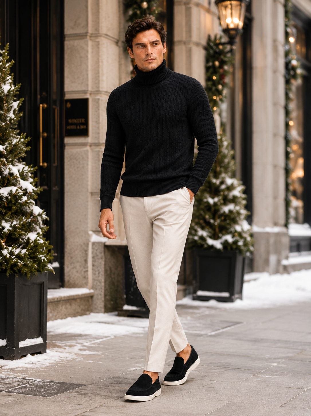 Man styling black cable knit turtleneck sweater in a sleek winter lifestyle outfit