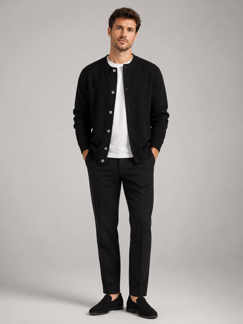 Black crew neck cardigan sweater for men comfortable knit layer for everyday wear