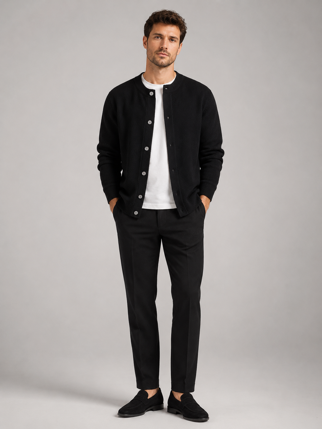 Black crew neck cardigan sweater for men comfortable knit layer for everyday wear