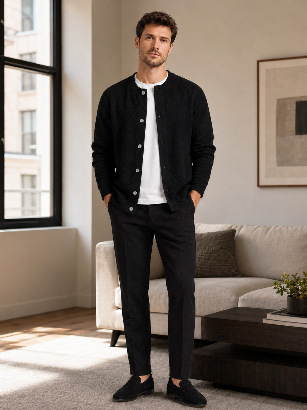 Man styling black crew neck cardigan sweater in a modern everyday lifestyle outfit