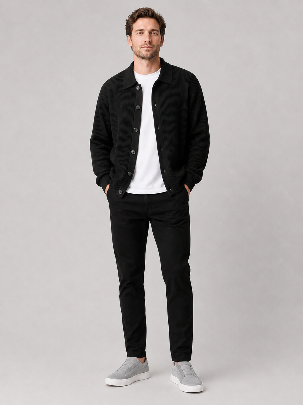 Black open front cardigan sweater for men loose fit layering piece for everyday wear