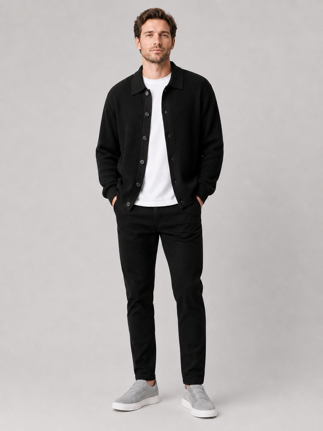 Black open front cardigan sweater for men loose fit layering piece for everyday wear