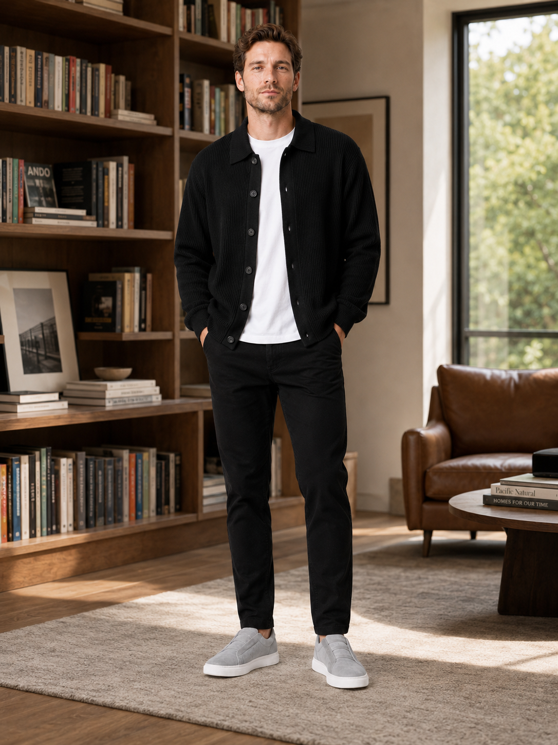 Man styling black open front cardigan sweater in a modern everyday lifestyle outfit