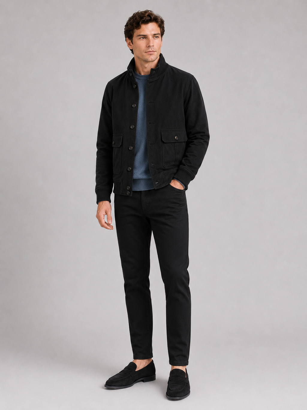 Black cargo jacket for men stand collar fall winter outerwear for everyday and outdoor wear