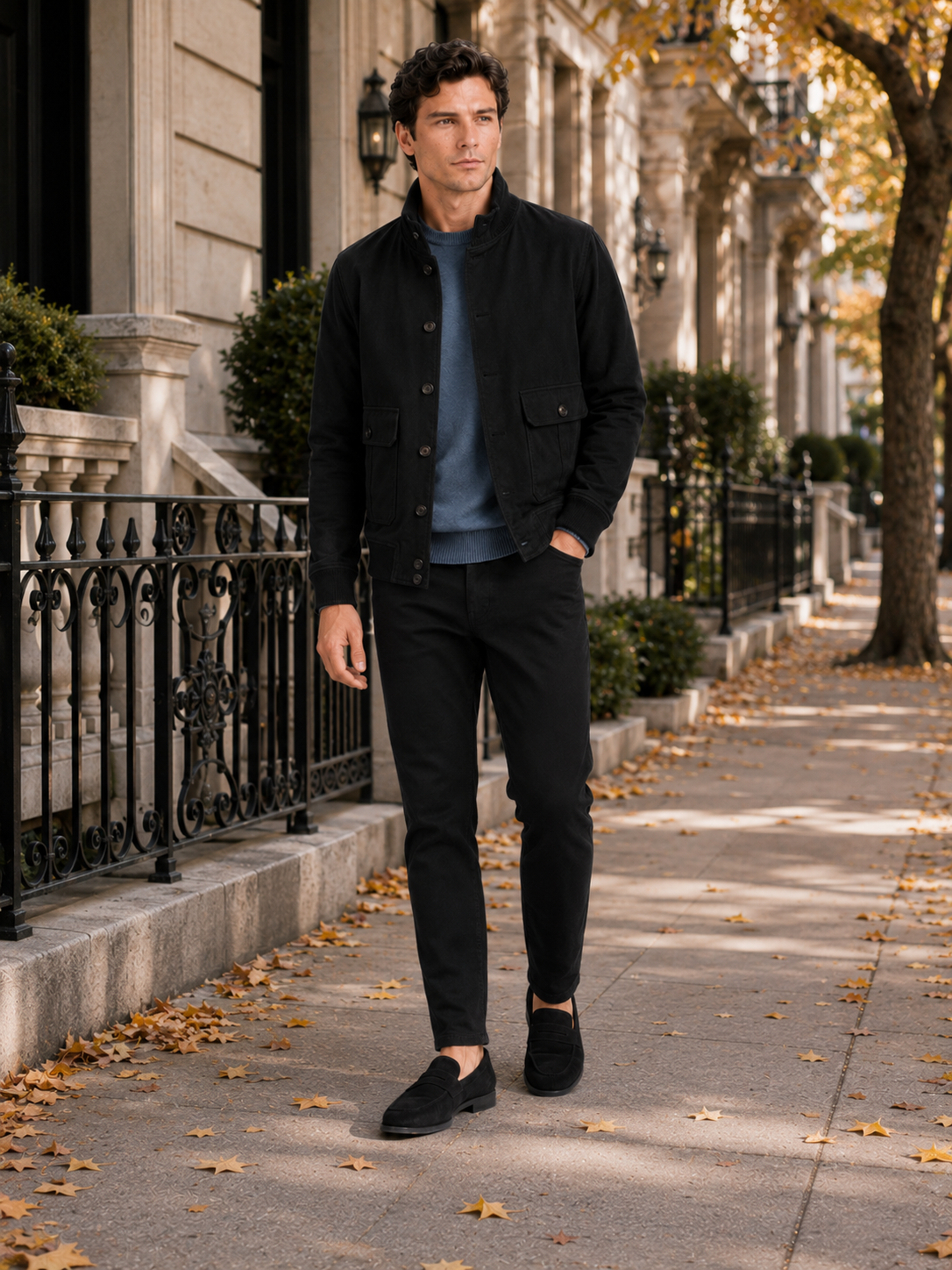Man styling black cargo fall jacket in a modern outdoor and everyday lifestyle outfit