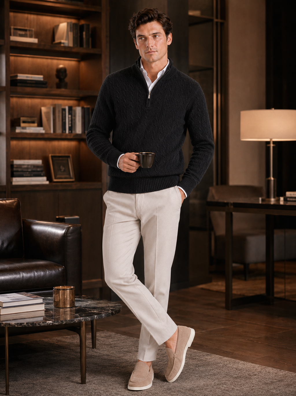 Men’s black cable knit cashmere sweater luxury warm top for business casual outfits