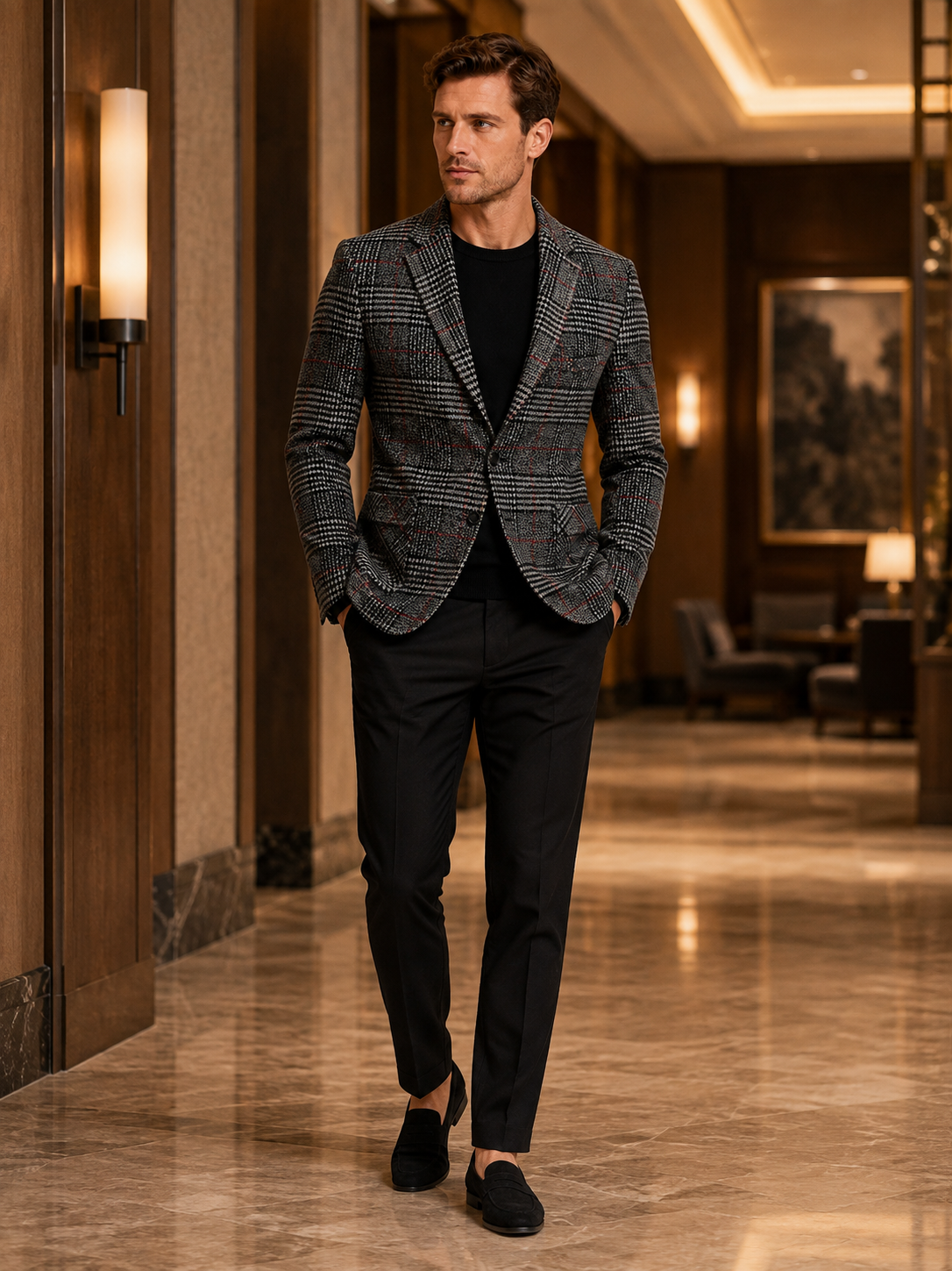 Man wearing a black checkered slim fit blazer in a business casual outfit for a wedding, banquet, or office