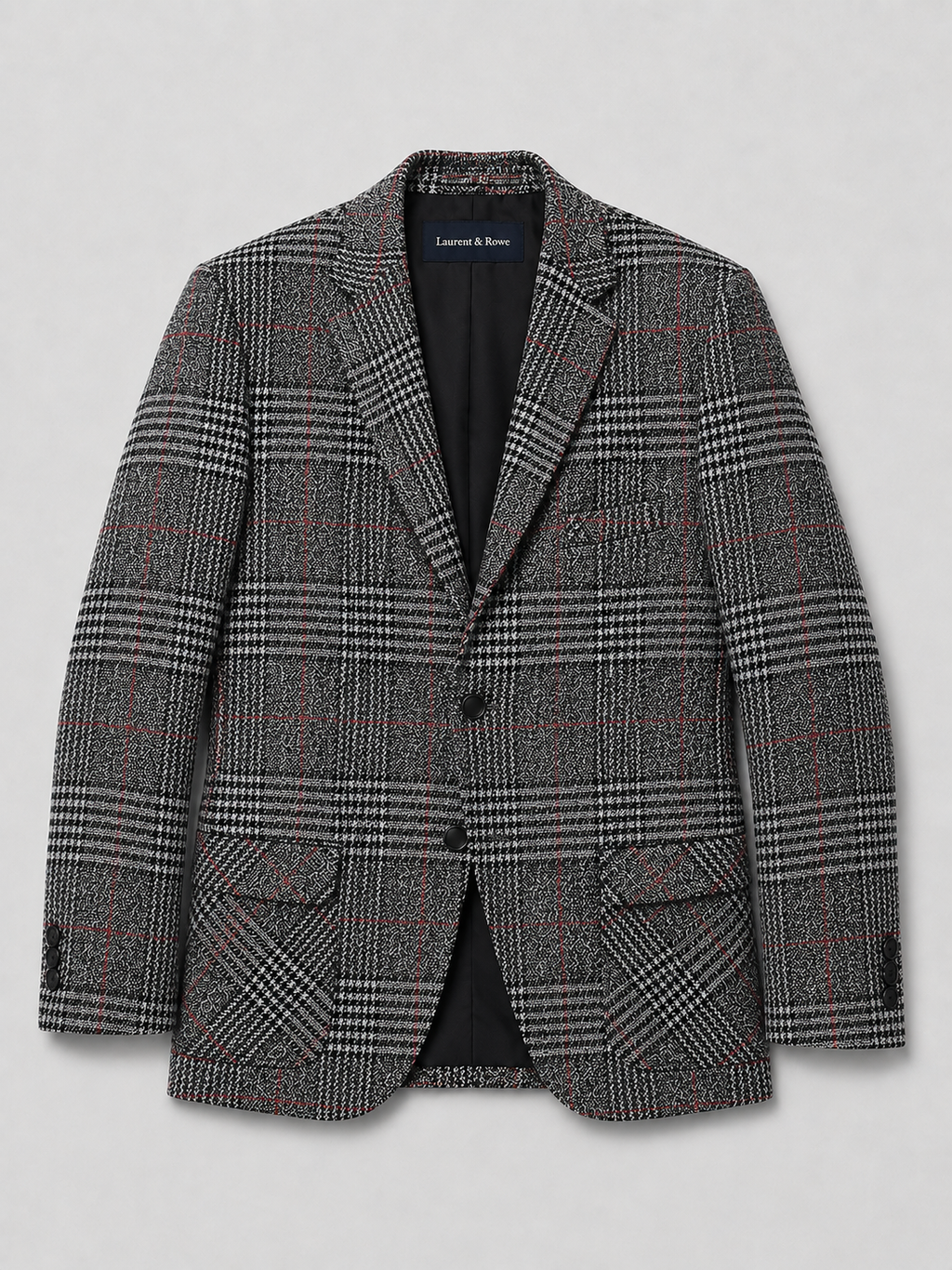 Black men’s checkered slim fit blazer with a notched lapel displayed on a plain background
