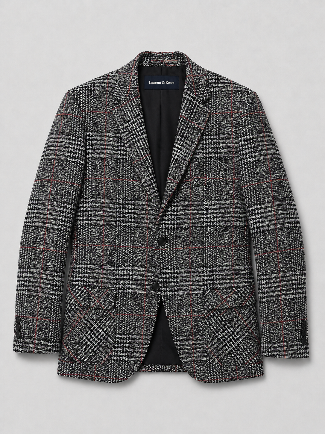 Black men’s checkered slim fit blazer with a notched lapel displayed on a plain background