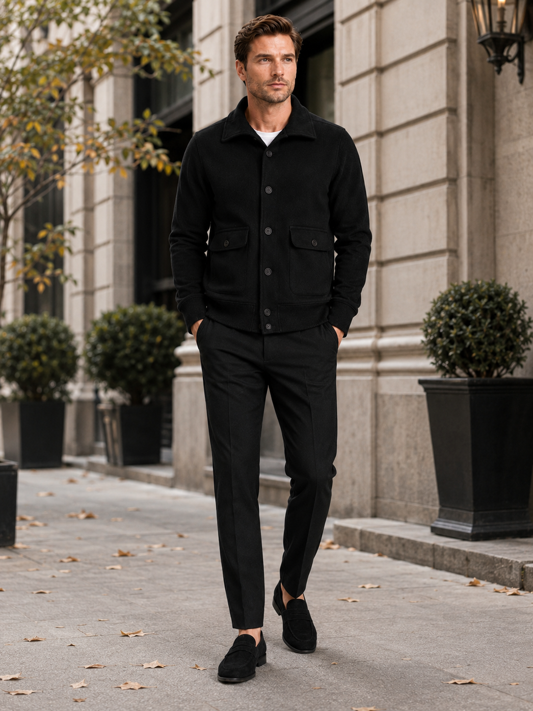 Man styling black chore jacket in a modern outdoor and everyday fall winter lifestyle outfit