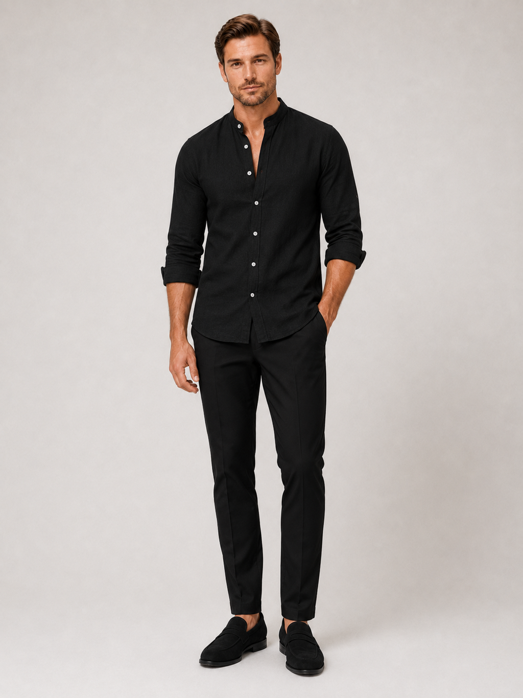 Black cotton linen collarless shirt for men long sleeve summer top for vacation and everyday wear