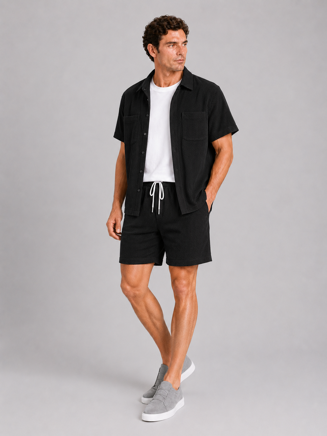 Black corduroy matching shirt and shorts set for men relaxed summer beachwear outfit