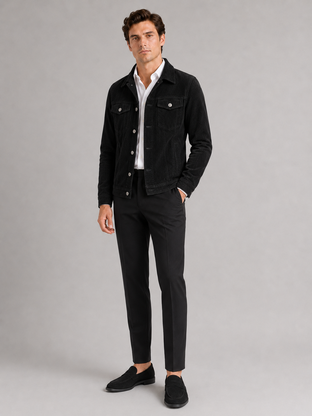 Black corduroy jacket for men slim fit long sleeve outerwear for everyday fall wear