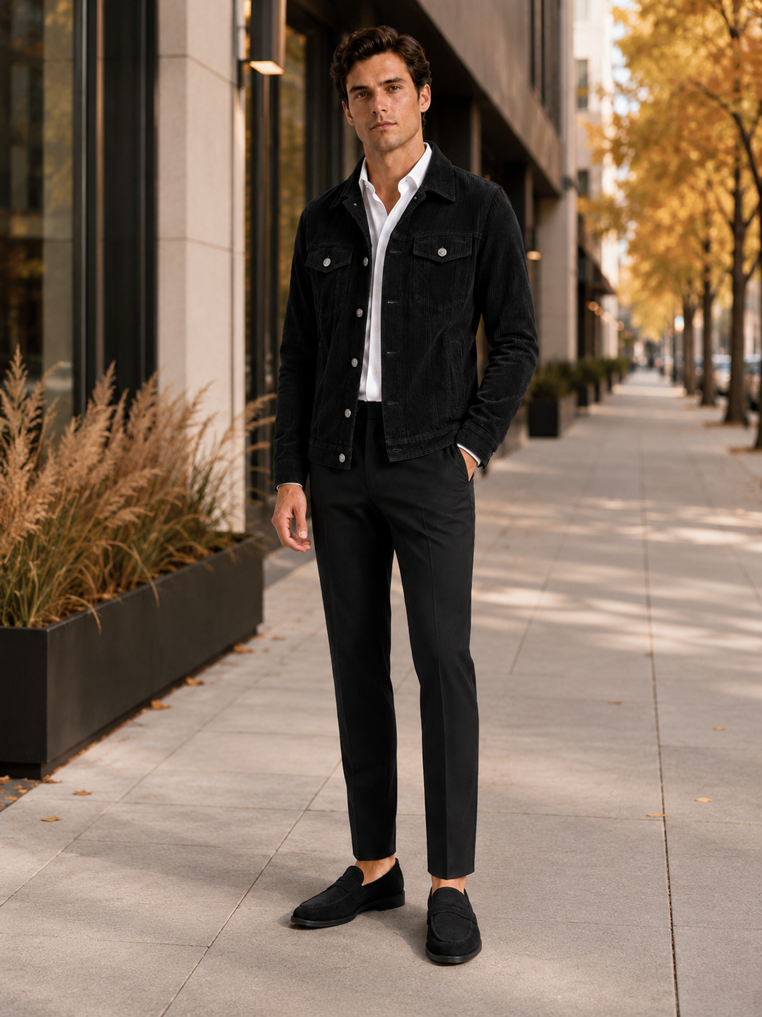 Man styling black corduroy fall jacket in a sleek everyday lifestyle outfit