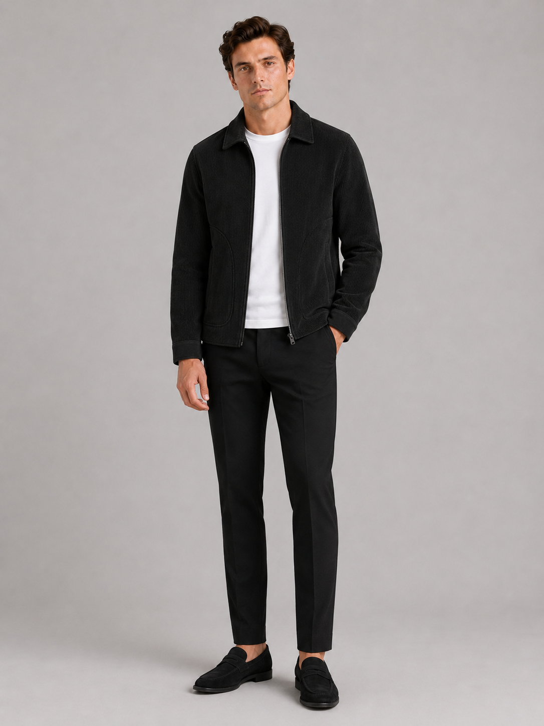Black corduroy jacket for men thick warm outerwear for fall outdoor wear