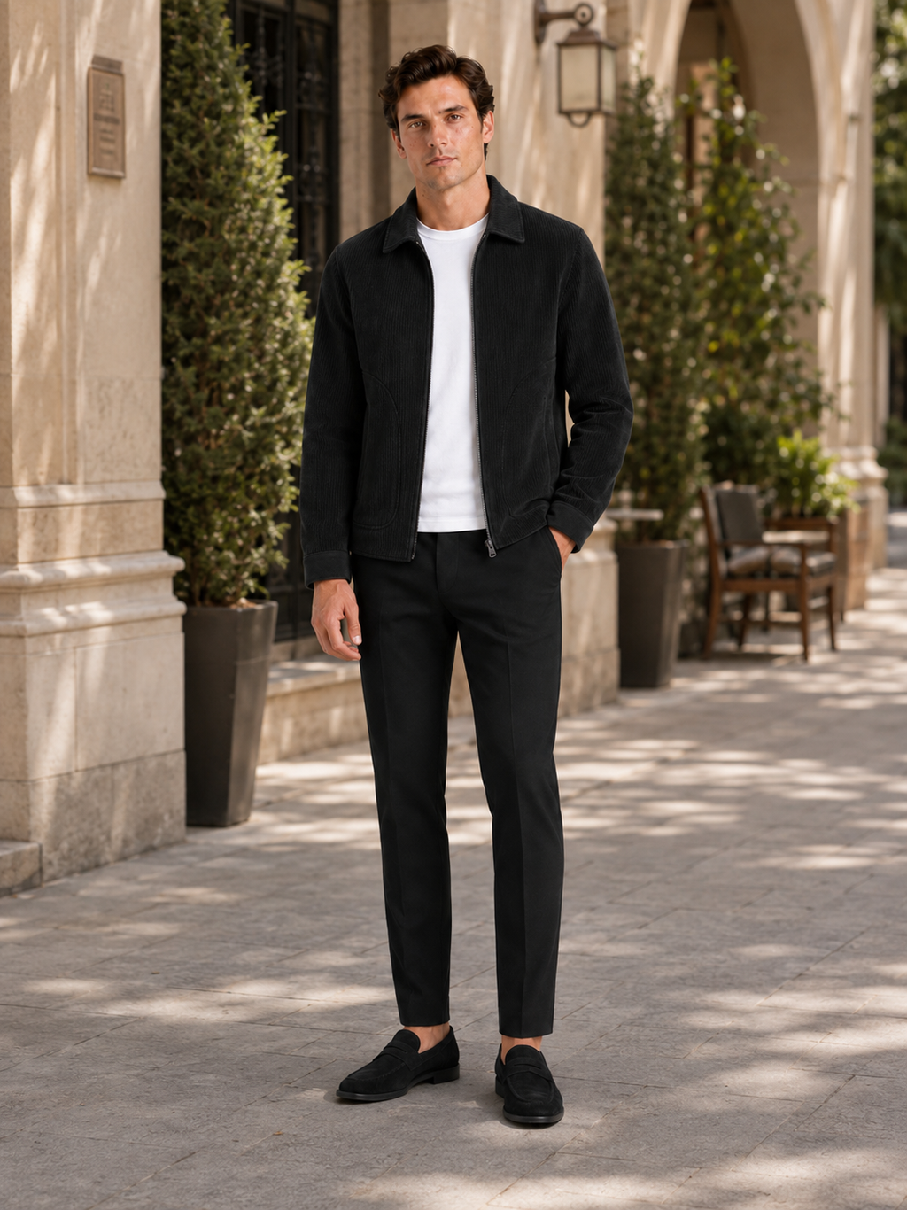 Man styling black corduroy jacket in a modern outdoor fall lifestyle outfit