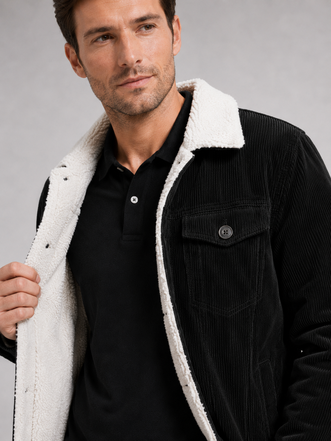 Close up of black corduroy jacket showing soft ribbed texture, cotton padding, and button front detail