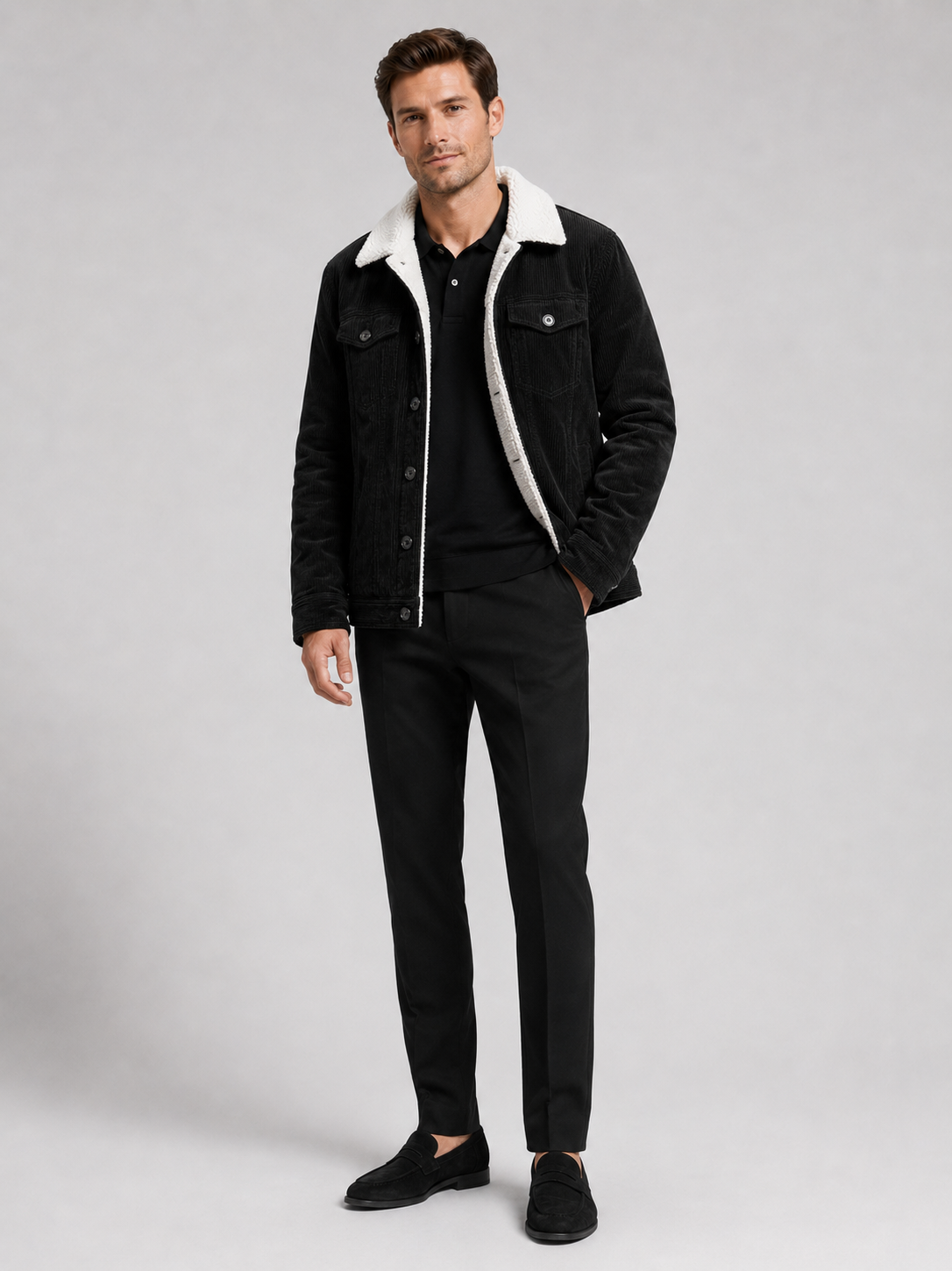 Black corduroy jacket for men warm loose fit winter coat for everyday and outdoor wear