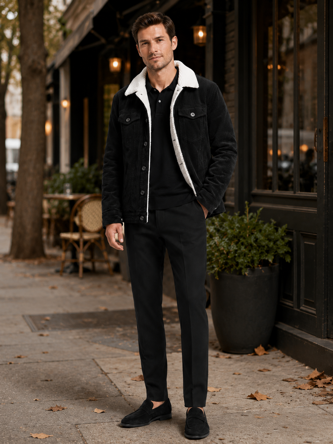 Man styling black corduroy jacket in a modern outdoor and everyday winter lifestyle outfit