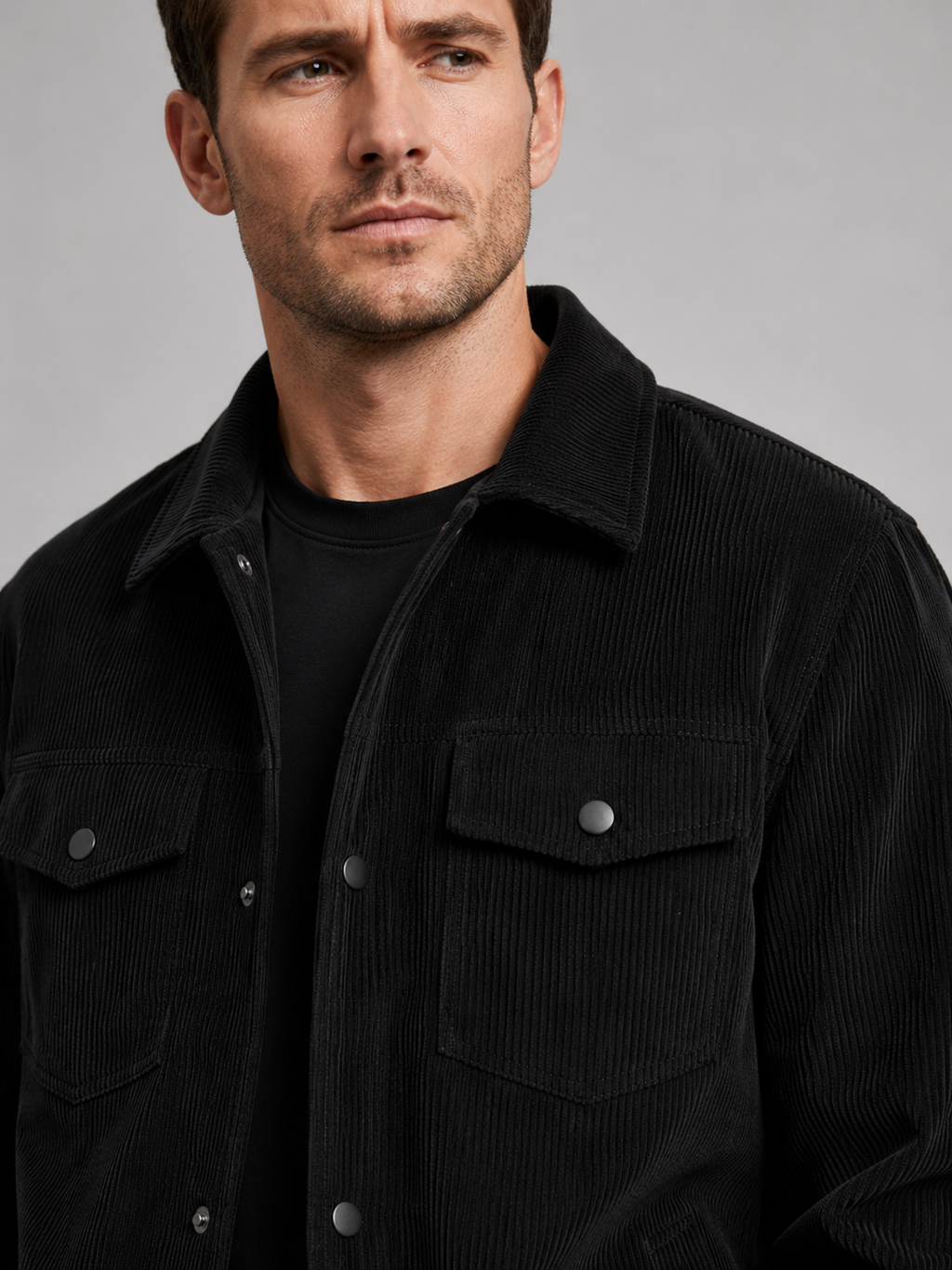 Close up of black corduroy jacket showing soft ribbed texture, classic lapel, and button front detail