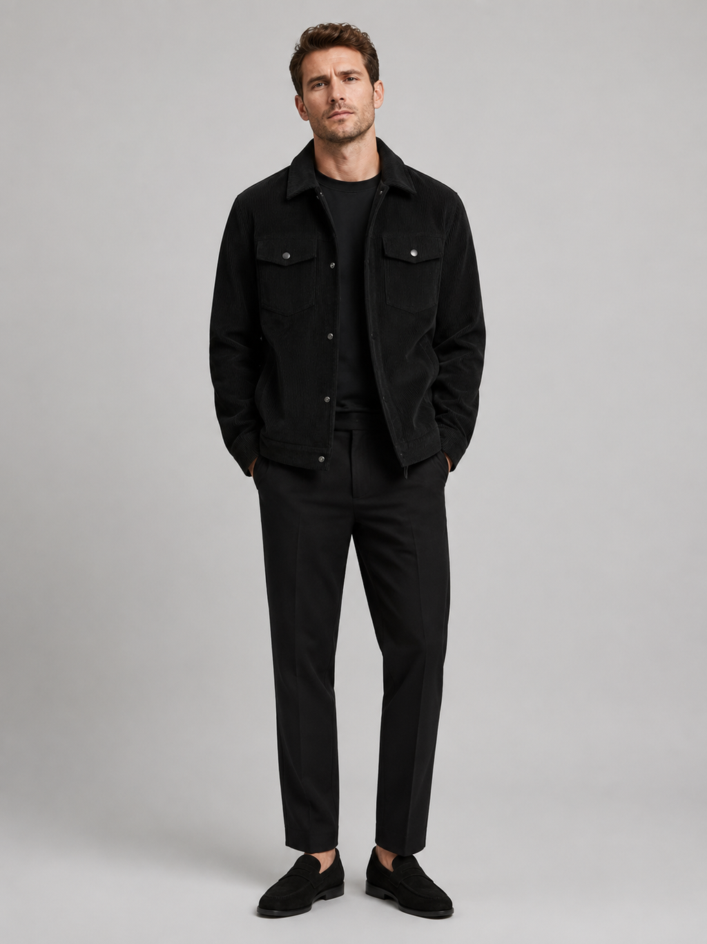 Black corduroy jacket for men loose fit fall casual coat for everyday and streetwear wear