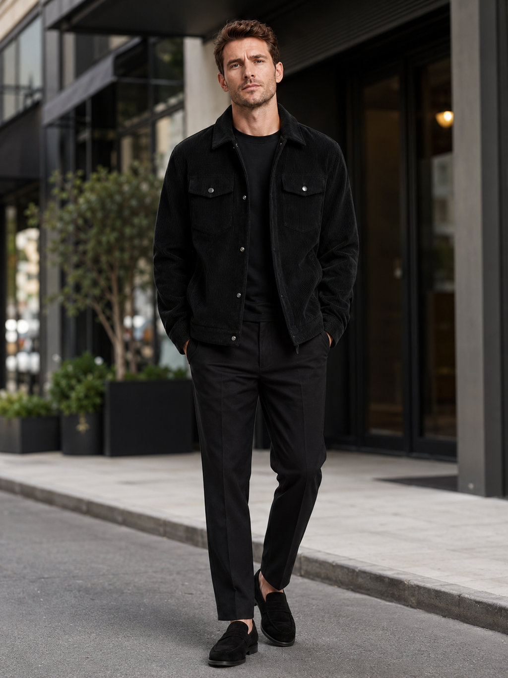 Man styling black corduroy jacket in a modern streetwear and everyday lifestyle outfit
