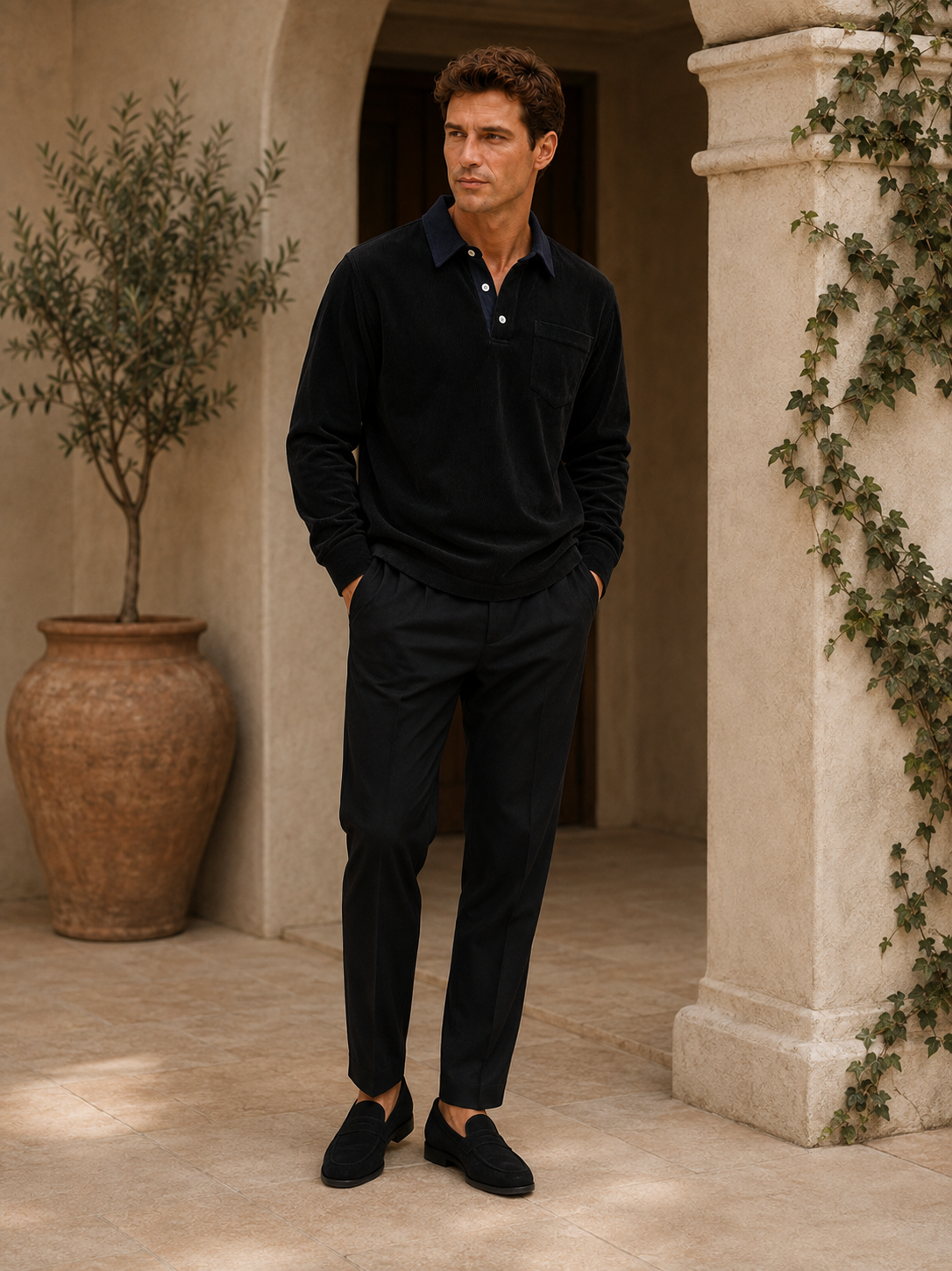 Man wearing a black corduroy long sleeve polo shirt in a casual fall everyday outfit