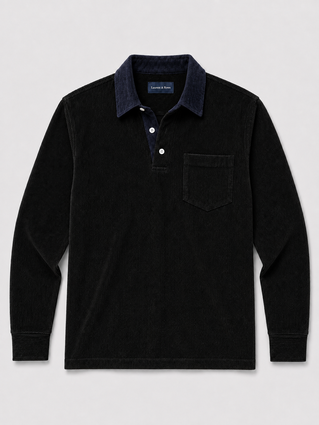 Black men’s corduroy long sleeve polo shirt with a contrast turn-down collar displayed on a plain background