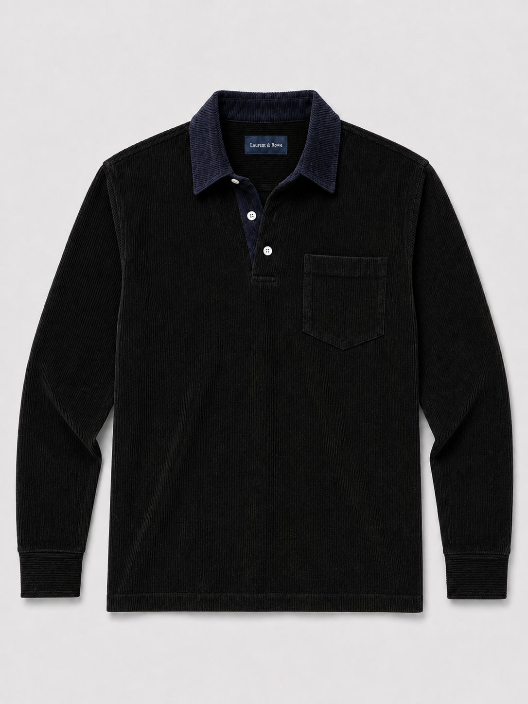 Black men’s corduroy long sleeve polo shirt with a contrast turn-down collar displayed on a plain background