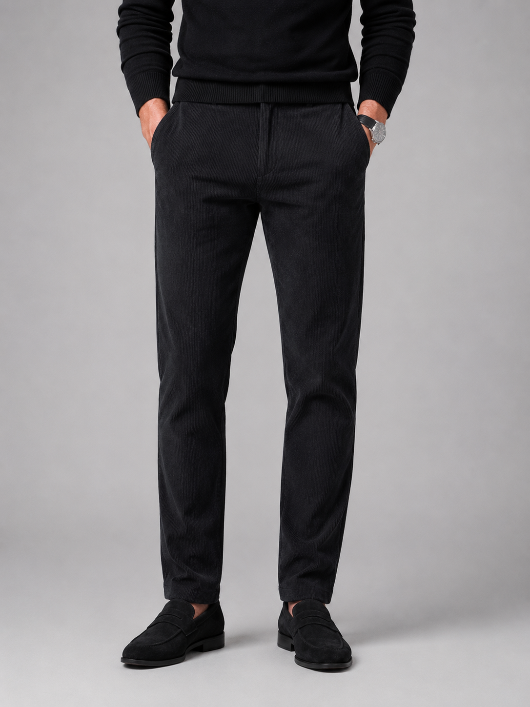 Men wearing black corduroy pants stretch mid rise thick fall winter business casual style